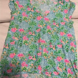 Lilly Pulitzer Blue and Pink Floral Short Sleeve Tee